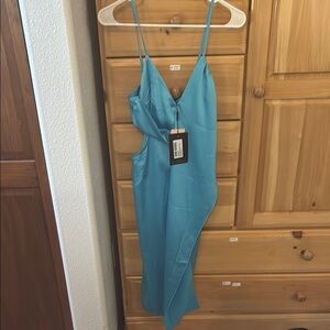 Satin, Blue Spaghetti Strap  cut-out midi dress